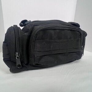 Tactical Black Nylon Waist Sling‎ Bag Adjustable Strap & Multiple Zipper Pockets